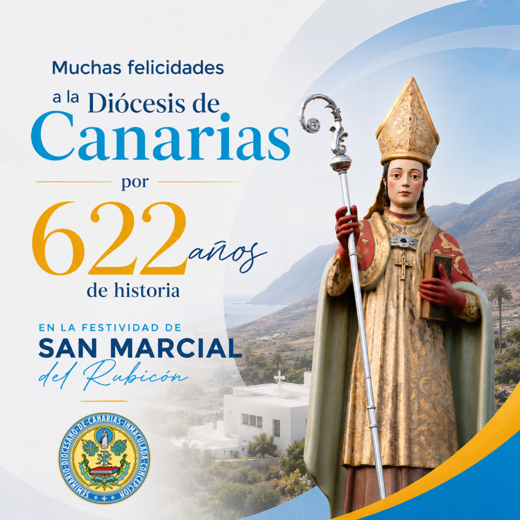 La Diócesis de Canarias celebra 622 años de historia en la festividad de San Marcial del Rubicón. Imagen con San Marcial y paisaje del Rubicón.
